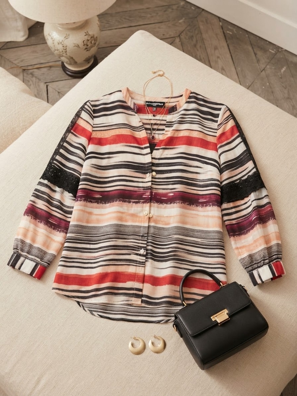 Karl Lagerfeld Paris Multicolor Striped Lace Accent Loose Fitting Blouse XS NWT